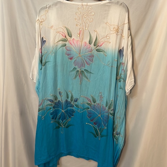 Island Planet Turquoise Floral Embroidered Sequin Lightweight Cover Up One Size - Picture 5 of 7